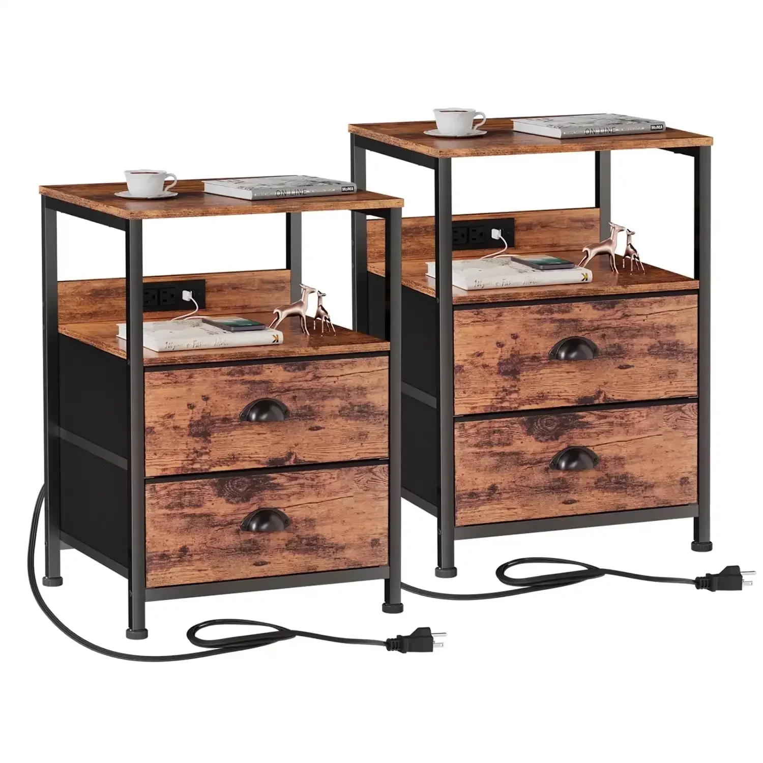 Set of 2 Nightstands, End Table Charging Station, Bedside Tables with 2 Fabric , Night Stands with USB Ports & Power Outlets