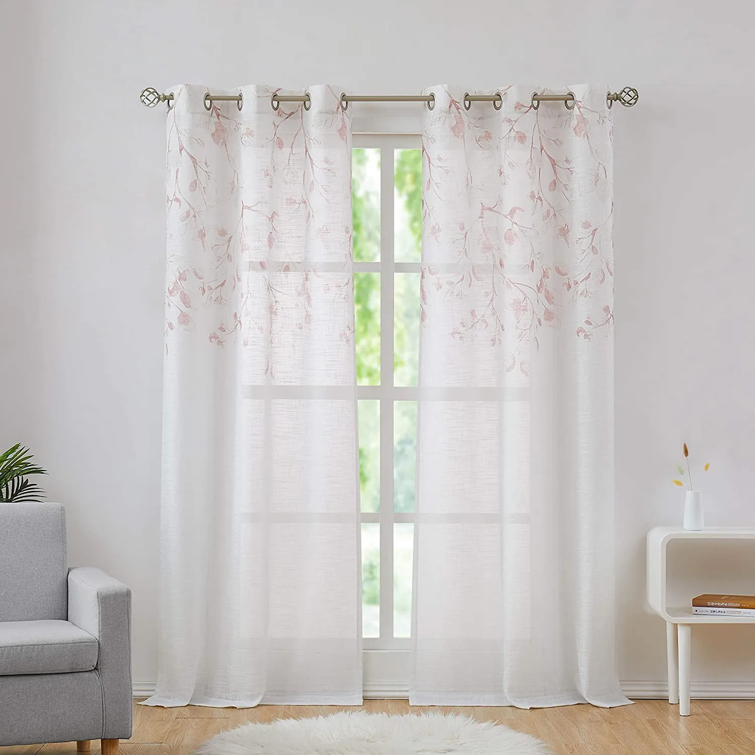 Sparkling Decorative Leaf Floral Printed Sheer Linen Window Curtain Panel for Rustic Living Room/Bedroom, Coral Red,