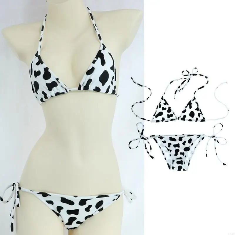 H58E Womens Set Japanese Milk Cow Dotted Mini Sets Underwear Halter Neck Bras Top with Briefs Panty