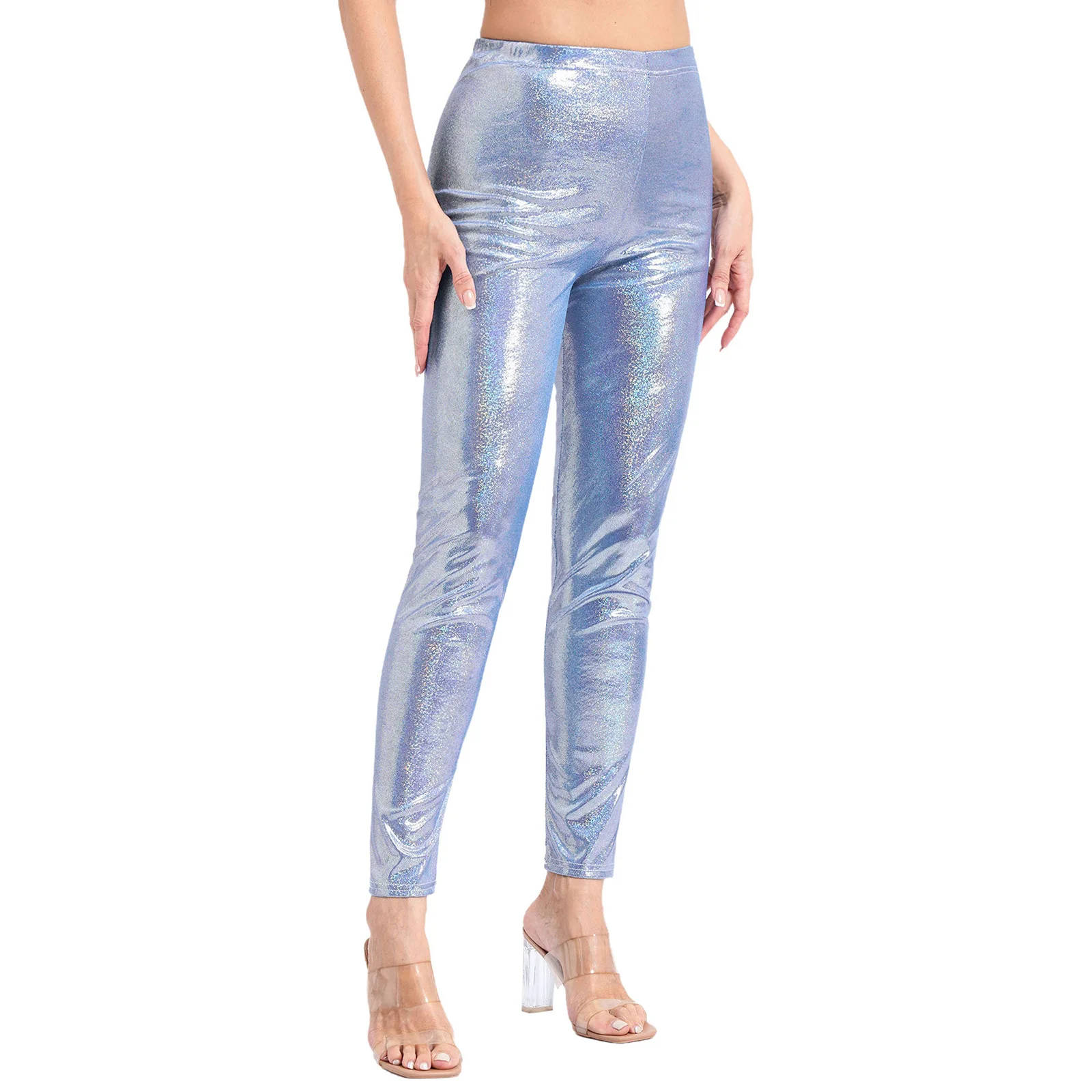 Women Metallic Shiny Dance Leggings Yoga Long Pants Elastic Waistband Skinny Pants Trousers for Party Music Festival Raves Club