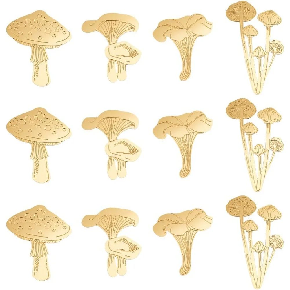 12Pcs 4 Style Brass Plant Decoration Mushroom Ornaments Gold Mushroom Labels Brass Landscape Decorations