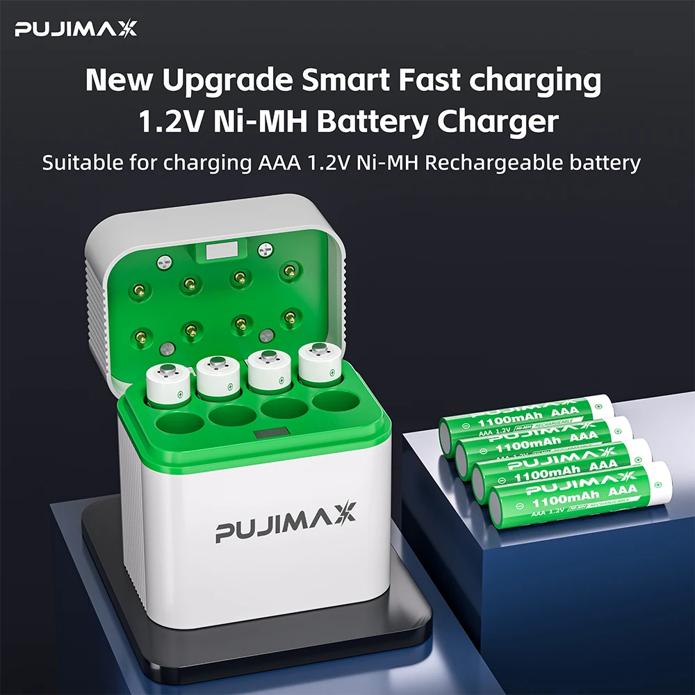 PUJIMAX 8-gniazdowa ładowarka do akumulatorów 1.2V Ni-MH/Ni-Cd, inteligentna ładowarka z odchylanym wiekiem do akumulatorów Ni-MH/Ni-Cd AA/AAA — zdjęcie produktu 3