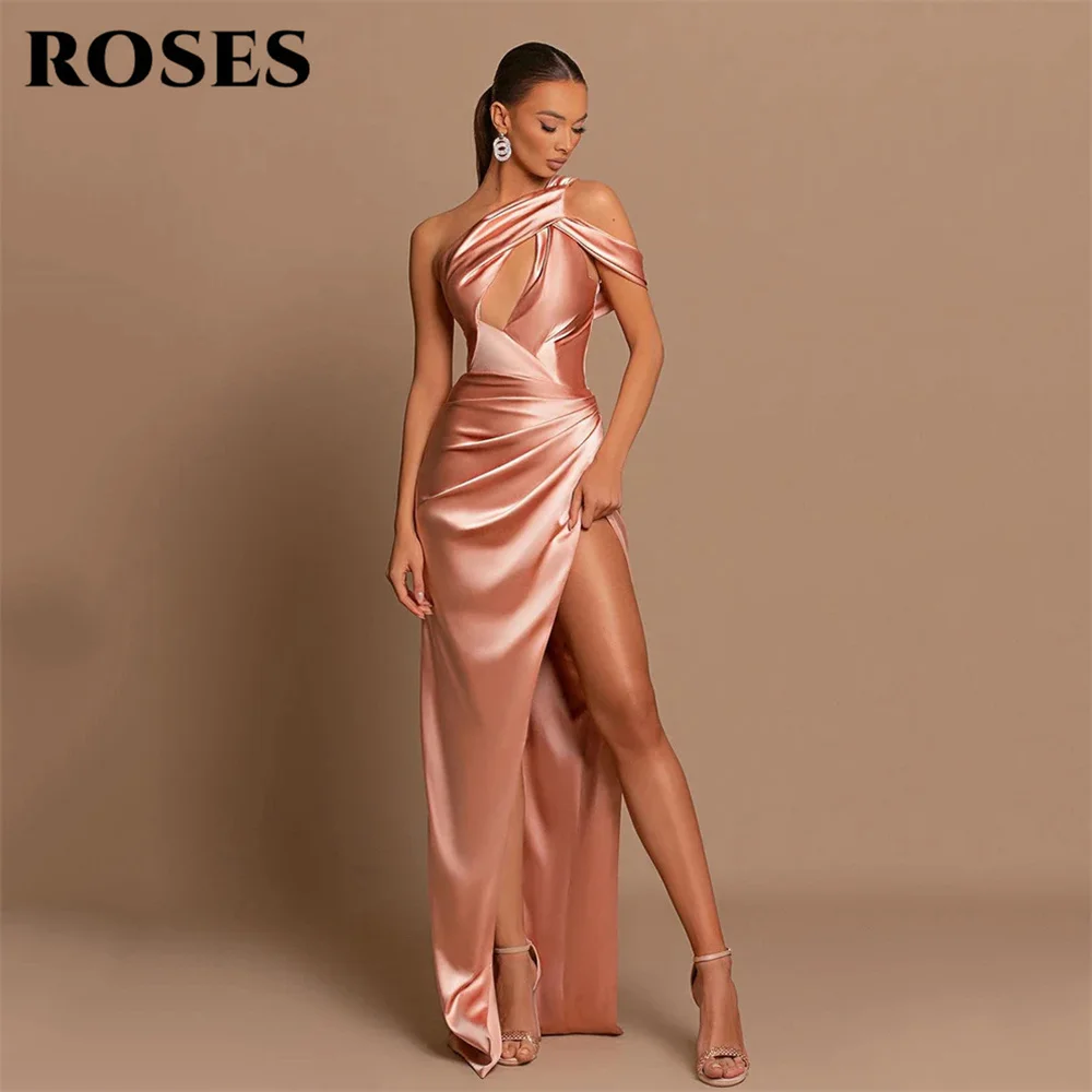 Róże niesamowita zakurzona róża suknia wieczorowa wycięta syrenka sukienka na studniówkę długość do jednego ramienia satynowa formalna sukienka z rozcięciem 프드레스
