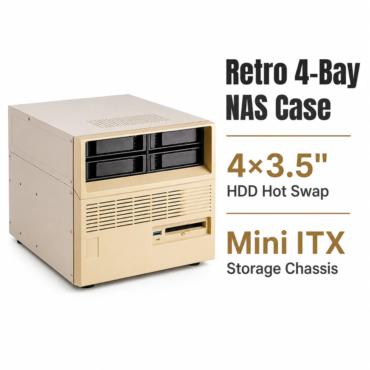 Retro 4 Bay NAS Case Mini ITX Storage Chassis 4x 3.5" HDD Hot Swap Desktop Server Case 2.5" SSD Bay for Home Cloud Storage
