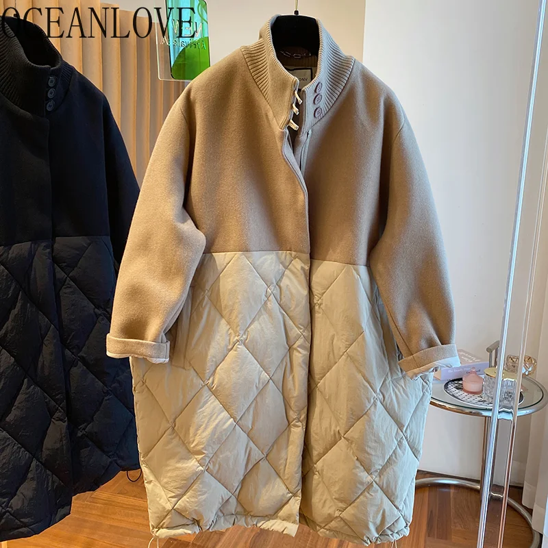 OCEANLOVE Patchwork di lana autunno inverno giacche per le donne moda coreana cappotti Vintage parka caldo spesso lungo Chaquetas