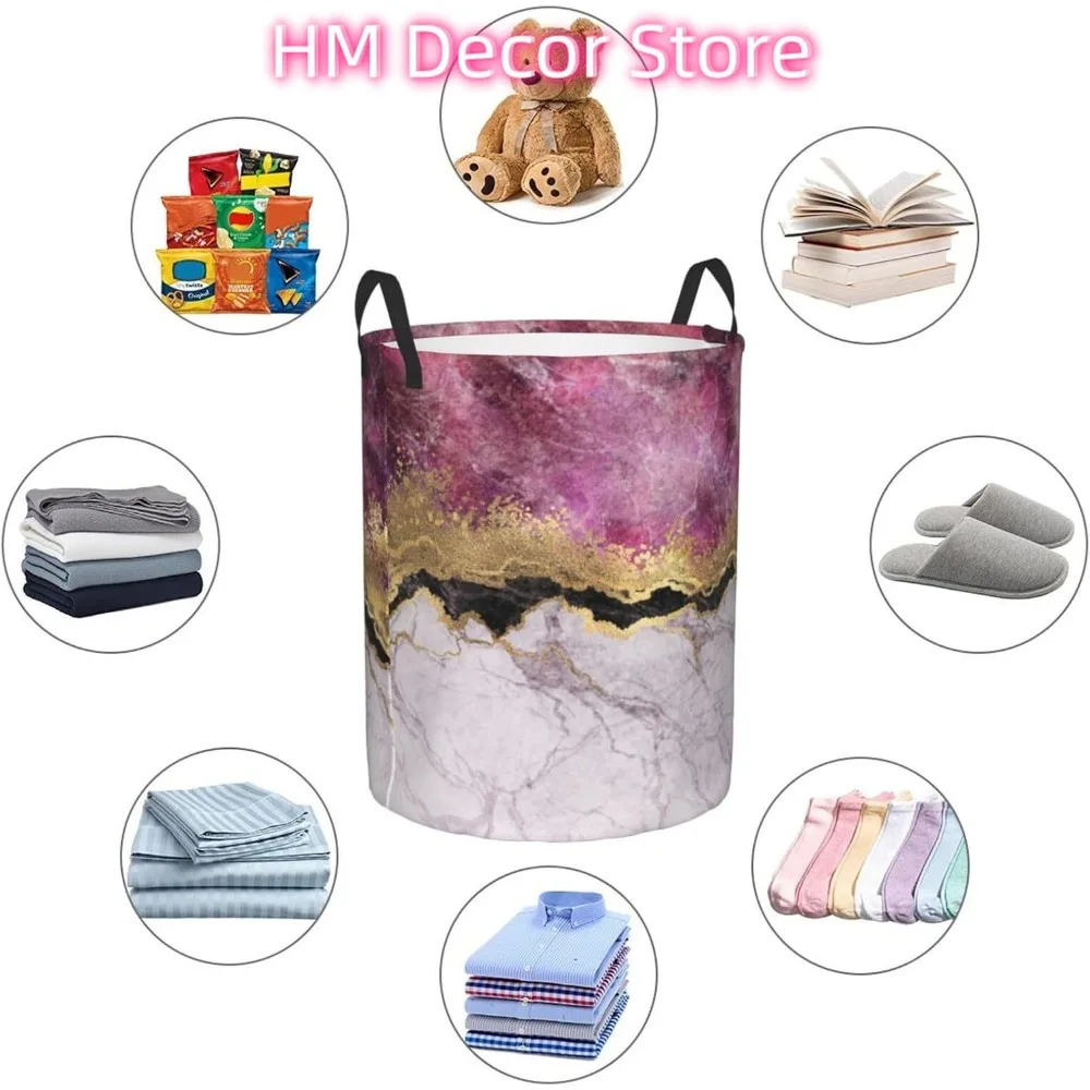 سلة الغسيل الرخام الوردي مع الأوردة الذهبية قماش أكسفورد سلة الغسيل القابلة للطي مع مقبض للمطبخ غرفة النوم #6