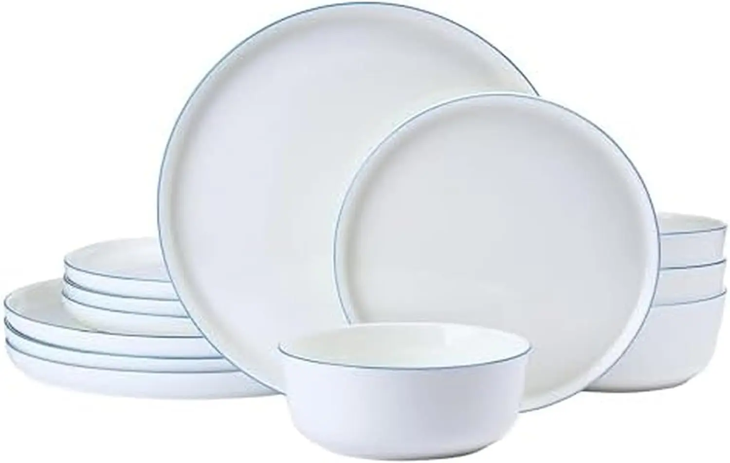 Bone China Dinnerware Set, 12-Piece Service for 4, White Flat Plates and Bowl with Blue Rim, Lightweight, Chip-Resistant, Elegant and Durable