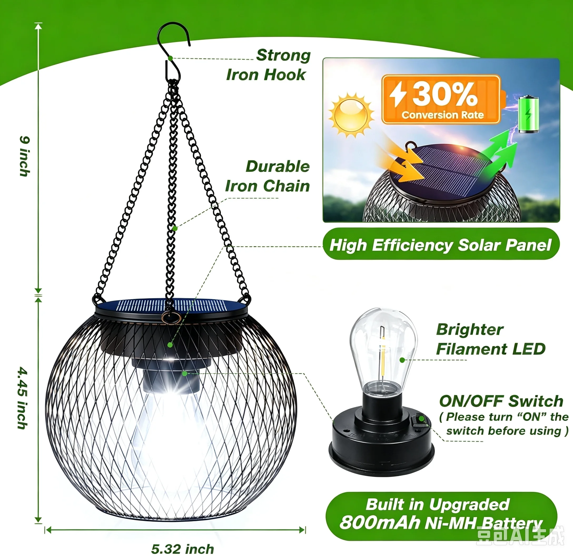 Upgraded Metal Solar Lantern Outdoor Hanging Light Brighter Automatic for Courtyard Terrace Walkway Porch Garden 2-Pack Halloween Christmas Green Decor