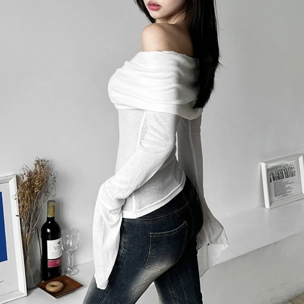 

Women's Slim Fit Long Sleeve T-Shirt European American Style Summer New Fashion Off-Neck Backless Top for Trendsetters
