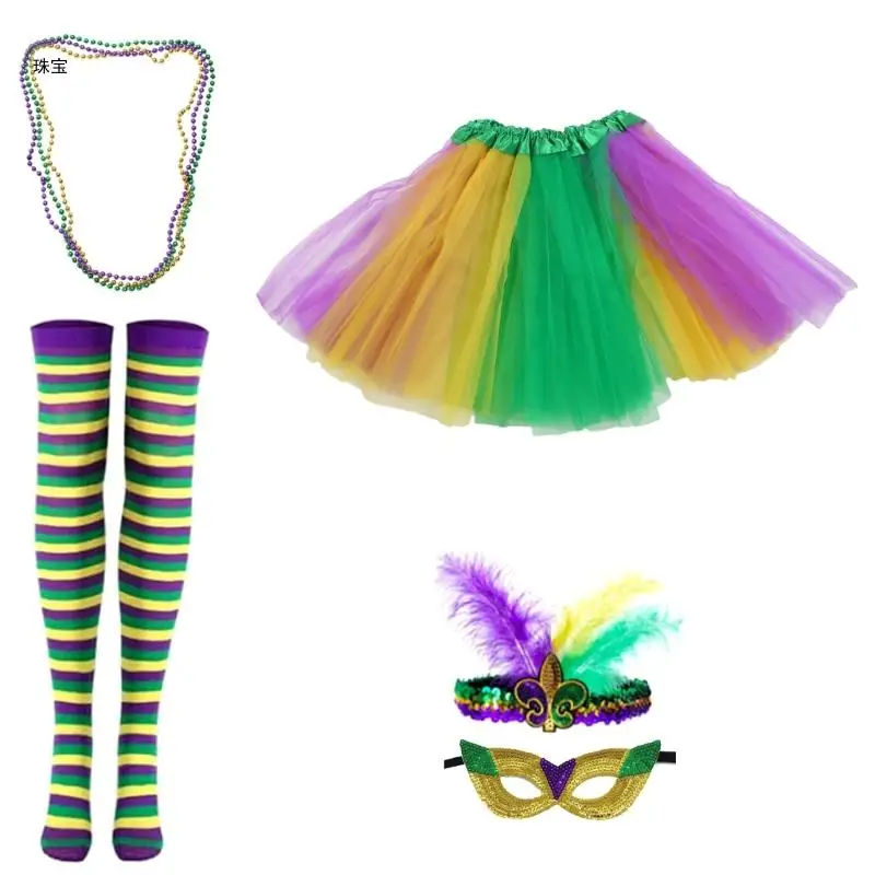 X5QE Mardi Gras Celebration Costume Set Headband Masquerade Mask Festival Supplies