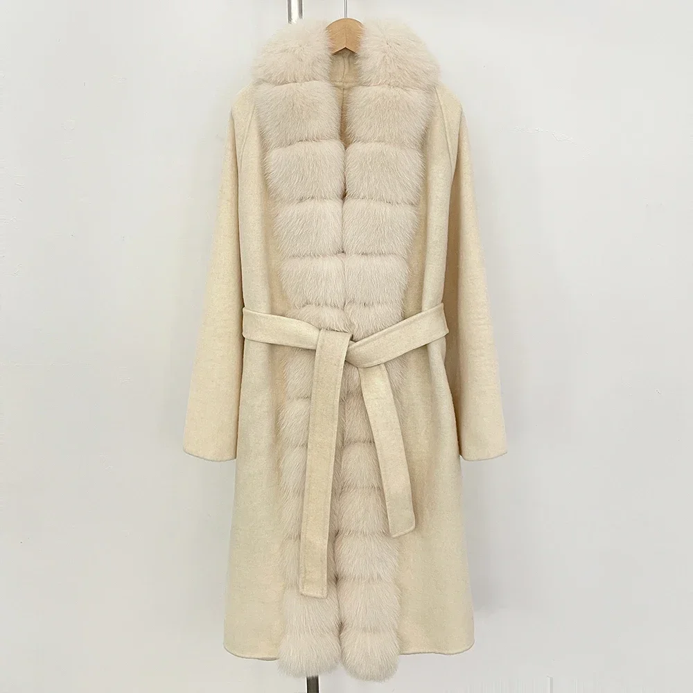 OFTBUY 모피 코트 천연 여우털 칼라 울 모피 코트 럭셔리 고급 여성용 롱 모피 코트 여성 2025 울 혼방 코트