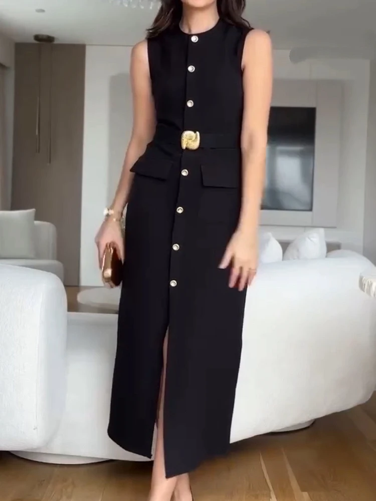 New Spring Autumn Women Maxi Dress for Clothing Casual Sleeveless Ladies Party Dress O Neck Buttons Elegant Streetwear Vestidos