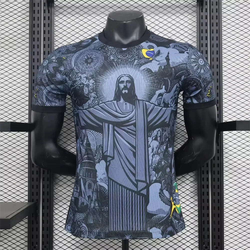 2026 BRAZIL SPECIAL EDITION JESUS BLACK/GREY ADULT/CHILDREN'S SOCCER T-SHIRT, SOCCER TRAINING T-SHIRT, SPORTS STREETWEAR