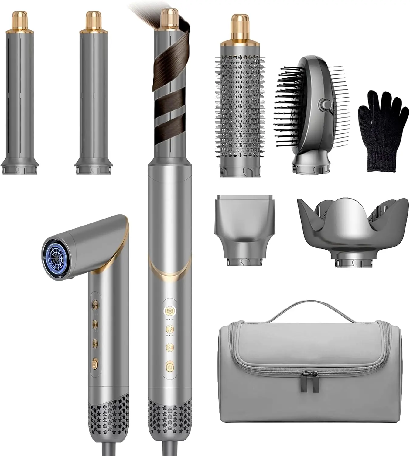 

6 in 1 Foldable Hair Styler, Ionic Blow Dryer with Auto-Wrap Curlers, Diffuser, Straightener Brush, Low Temp Fast Dry 110-120V