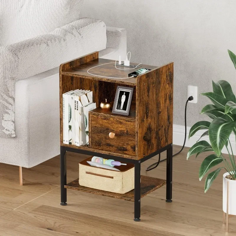 Nightstand with Charging Station,Night Stand with USB Ports and Storage Drawer,Modern 3-Tier End Side Table