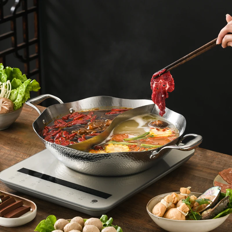 304 Stainless Steel Dual Flavor Hot Pot, Hammered Finish, Induction Compatible, Thick Body, Easy Clean Two-Taste Design