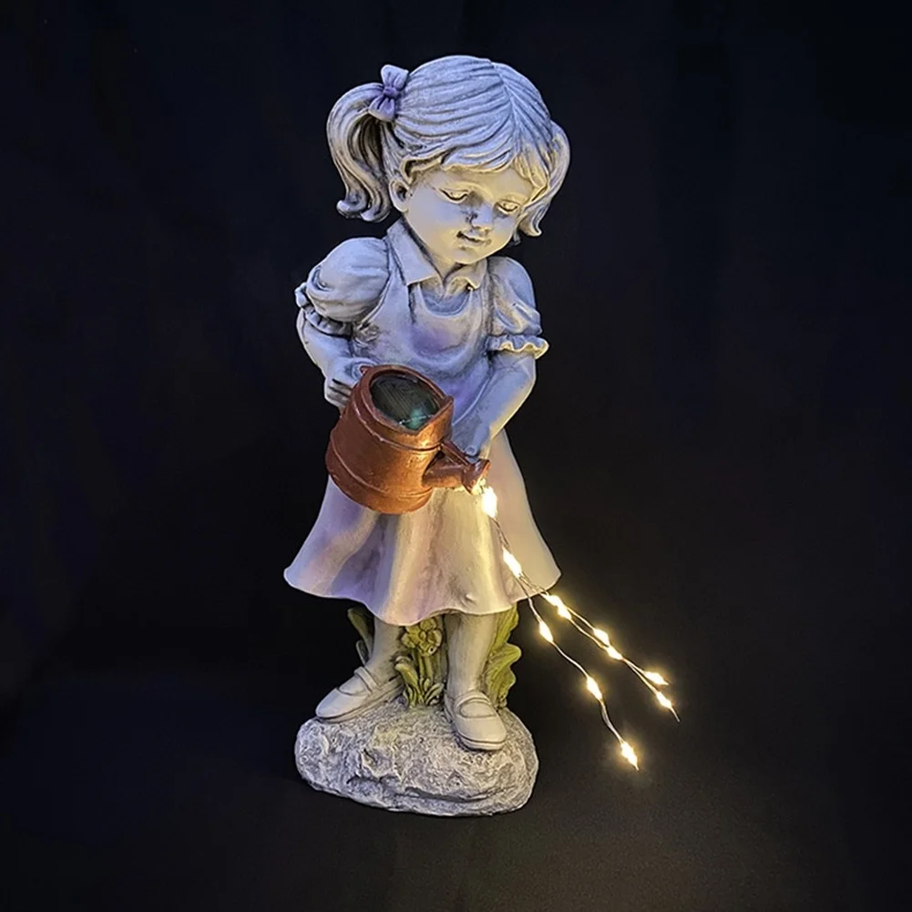 Energy Efficient Solar Powered Resin Garden Statue with LED Light Featuring Artistic Girl and Kettle for Outdoor Use