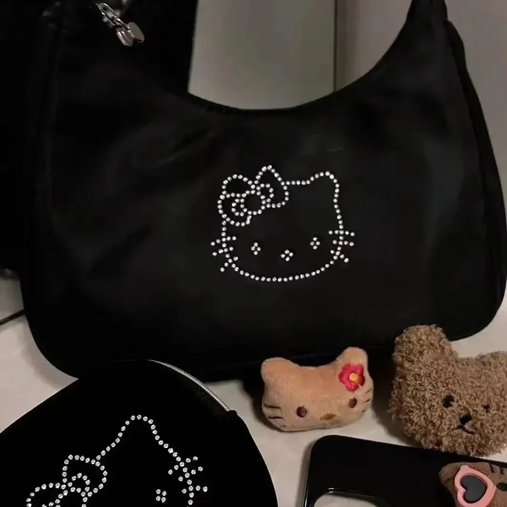 New  Hello Kitty Canvas Tote Bags Women Fashion Rhinestone Black Handbags Y2k Female Cartoon Korean Black Underarm Bag