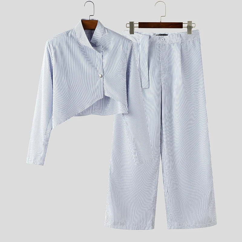 INCERUN, conjuntos para hombre, chaqueta corta elegante a rayas de manga larga y pantalones, conjuntos de dos piezas, ropa de calle holgada, trajes informales de moda para hombre 2025