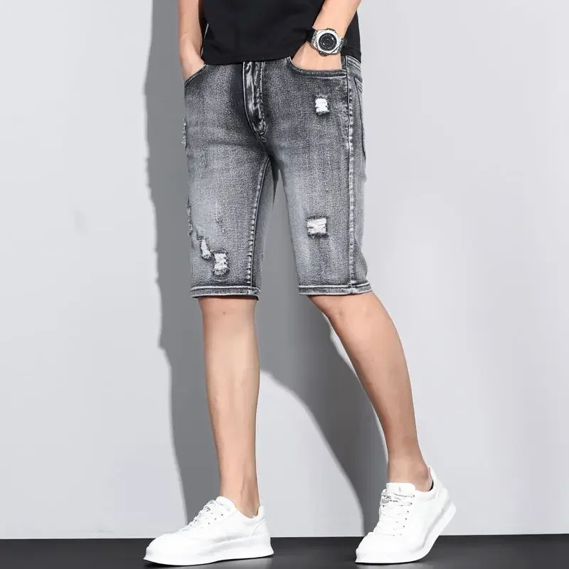 Male Denim Shorts with Pockets Gray Ripped Men's Short Jeans Pants Retro Original Y2k Fashion Distressed Sale Cowboy Novelty In