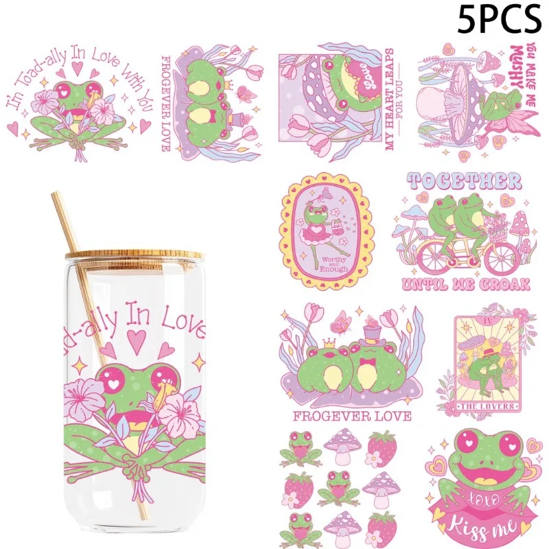 

5pcs Funny Frog Valentine's Day UV DTF Stickers, Waterproof Sticker Pack for Decorating Mugs, DIY Supplies，Home Decoration