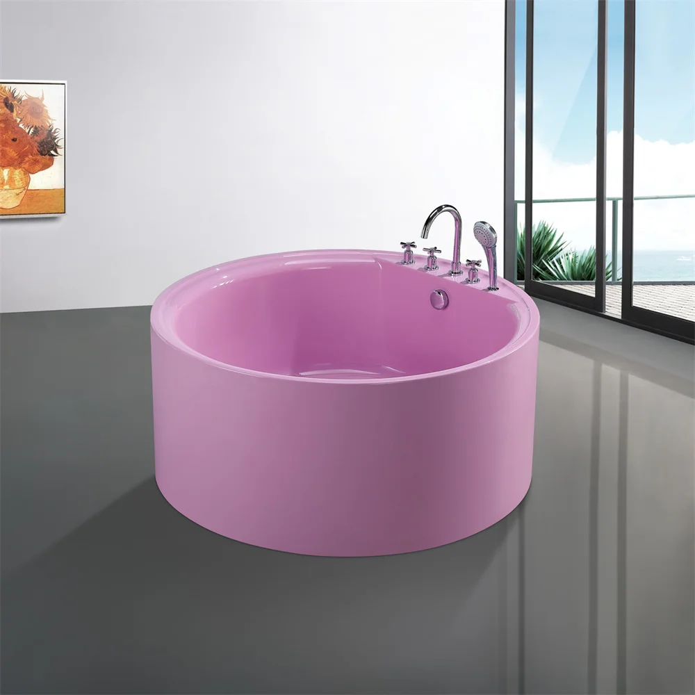 

Custom Solid Acrylic Pink Free Standing Bathtub Round Tub Freestanding Modern Factory Bath Tub