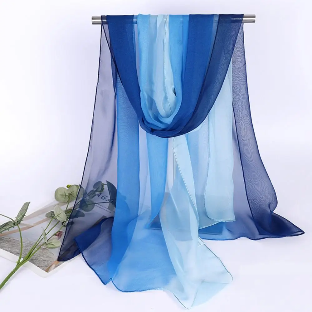 Chic Gradient Color Simulation Silk Scarf Silky Touch 50*160CM Shawl Hijab Sun Protection Thin Evening Shawl for Women