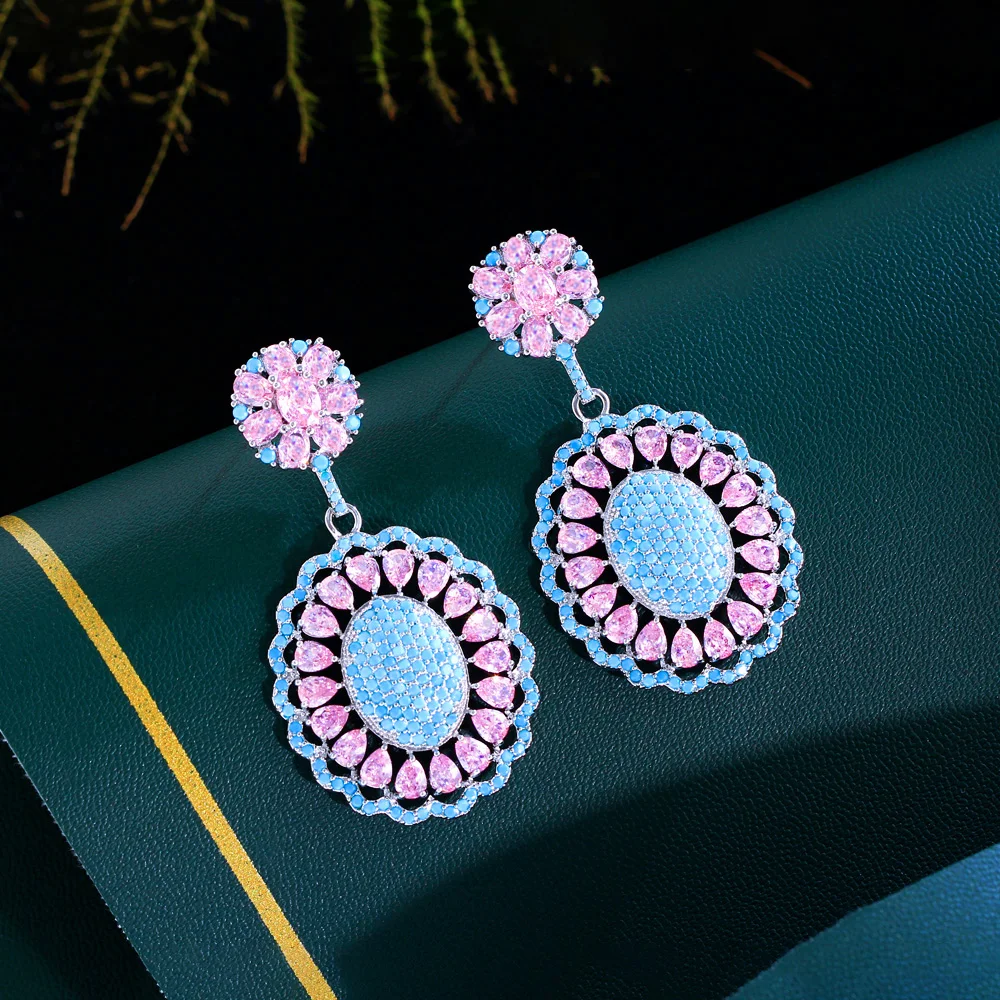 CWWZircons Heavy Stone Work Light Blue and Pink Cubic Zirconia Pave Big Long Flower Earrings Luxury Party Wedding Jewelry CZ736