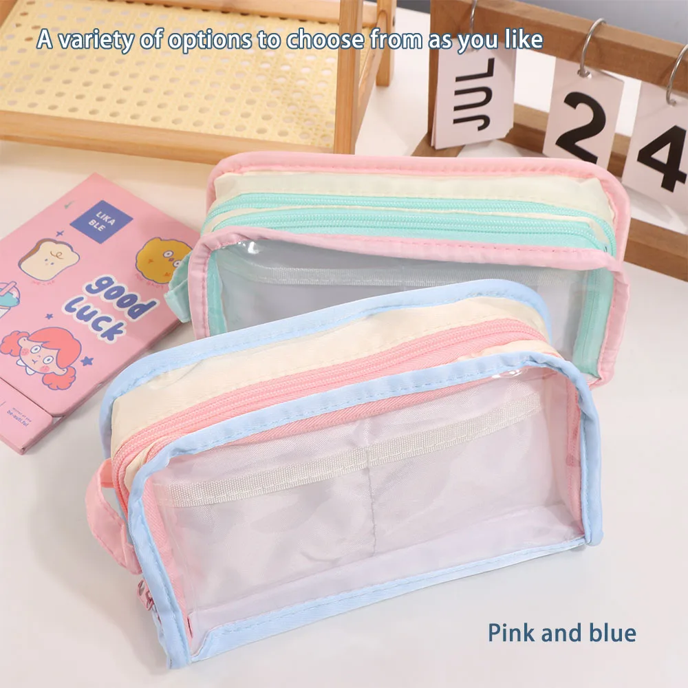 

Transparent Display Korean PVC Stationery Bag Multilayer Large Capacity Korean Style Pencil Case Pink Blue Green Desktop Storage