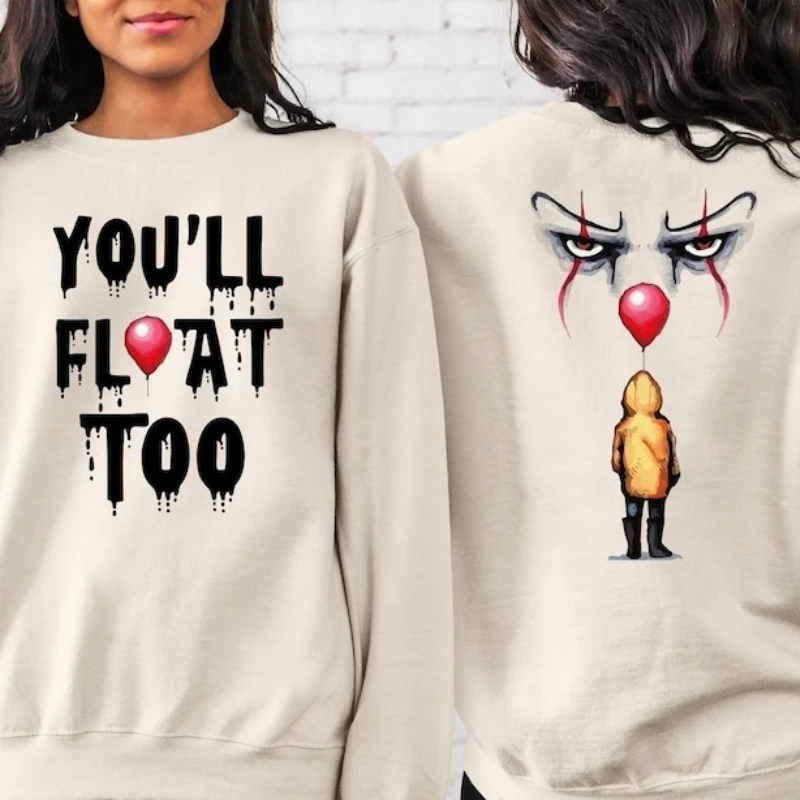 

Толстовка You'll Float Too: Страшный свитер ужасов клоуна на Хэллоуин, зимняя одежда, женские классические топы DTF с длинными рукавами и принтом цитаток