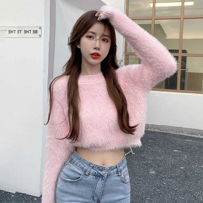 Sweet Faux Mink Hairy Pullover Sweater For Women O Neck Long Sleeve Loose Short Sweater Lady Casual Soft Warm Jumper