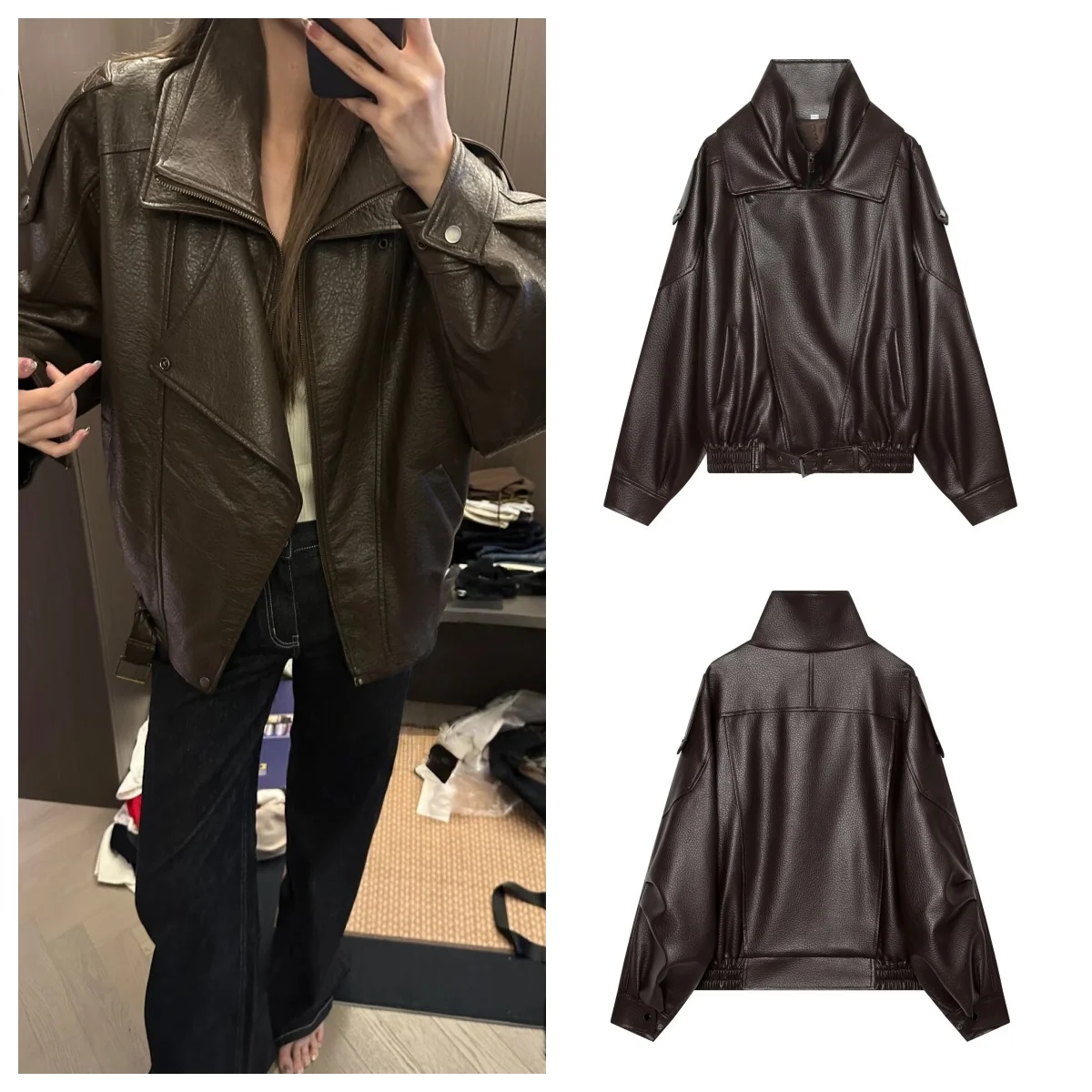 Guobioziy FallWinter Women's Loose PU Leather Jacket Long Sleeve Zipper With Turn-Down Collar Belted American Retro Style Coat
