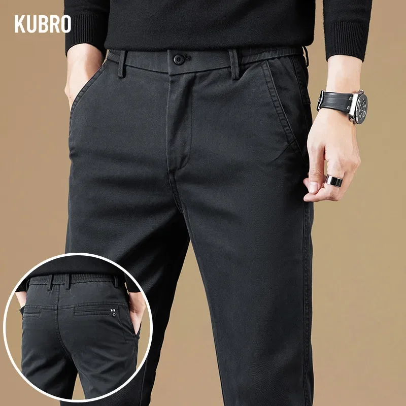 KUBRO-Pantalones informales de tela de algodón suave para hombre, pantalones gruesos de negocios ajustados, ropa de marca, moda coreana, otoño e