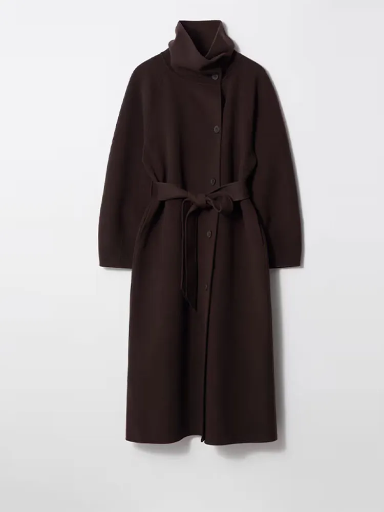 

Retro Solid Stand Collar Long Tweed Coat Women 2025 Fashion Large Lapel Single Breasted Coats With Belt Lady Chic Street Outwear