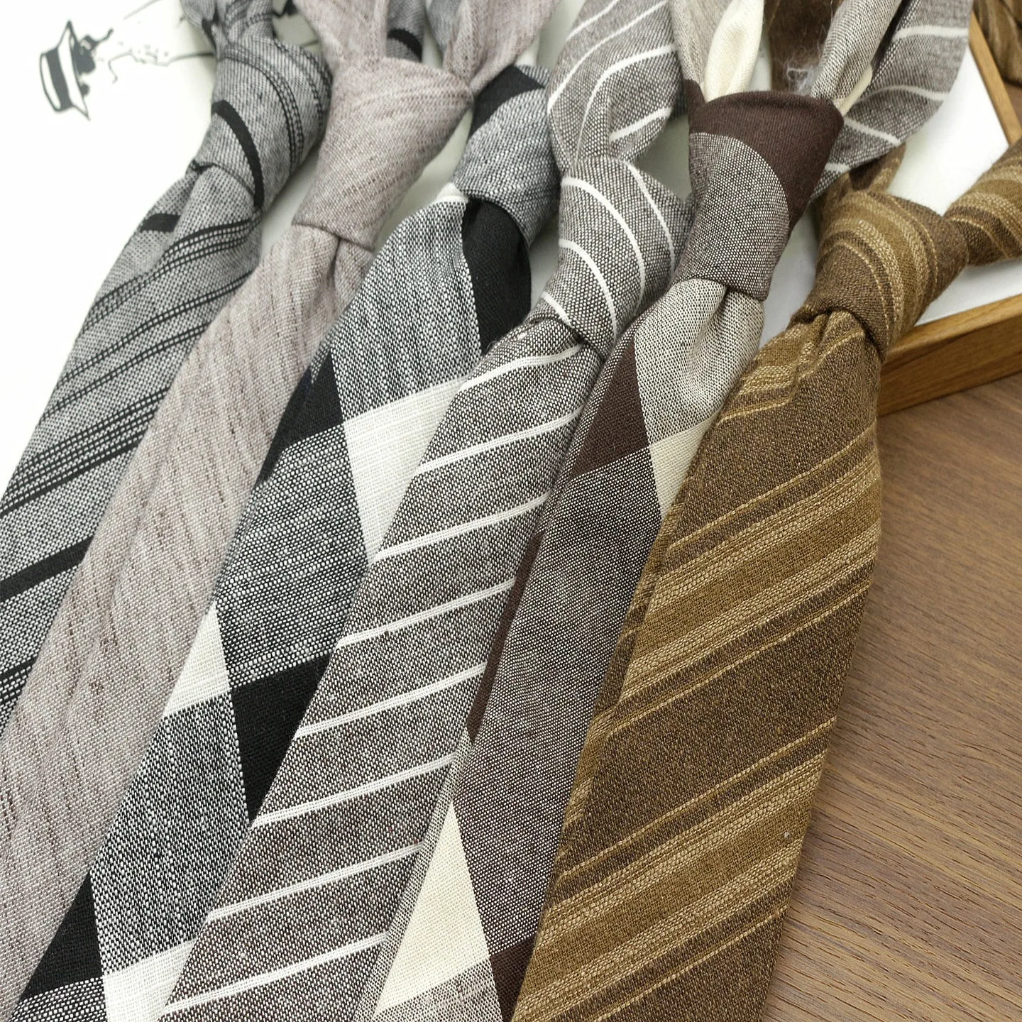 2pcs Neck Tie Set Cotton Brown Striped Neck Ties For Men Women Girls Casual Style Shirt Accessories Brooch Black Plaid Neckties