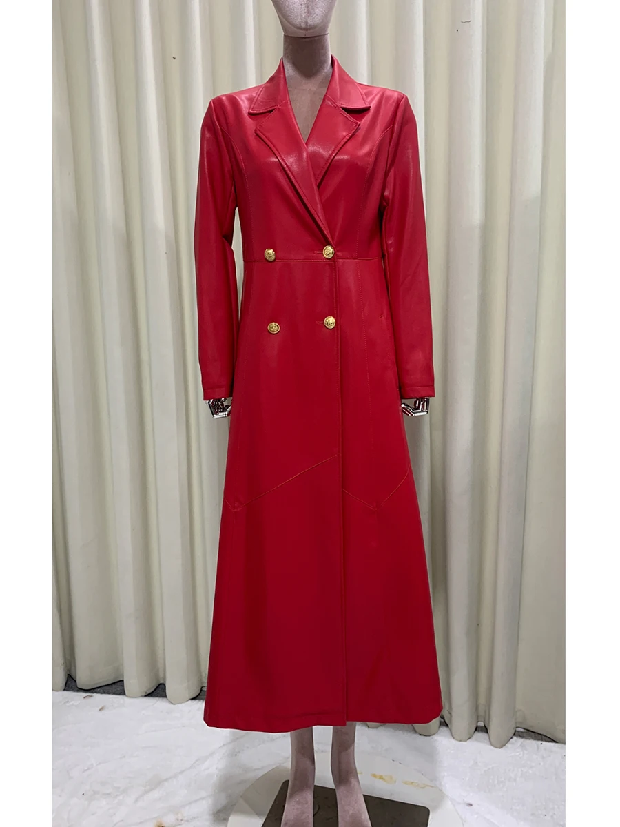 Automne Long rouge noir Pu cuir manteau pour femmes Double boutonnage élégant luxe Chic grande taille vêtements Faux cuir pardessus 2025