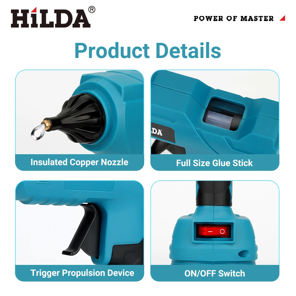 مسدس صمغ كهربائي يسيح بالحرارة من هيلدا مع فوهة دقيقة 11 ملم عصا صمغ معززة للسلامة اللاسلكية تناسب بطارية ماكيتا 18 فولت