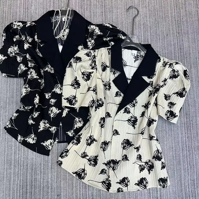 

Summer French Retro Suit Collar Short Sleeve Blouse Women Floral Top