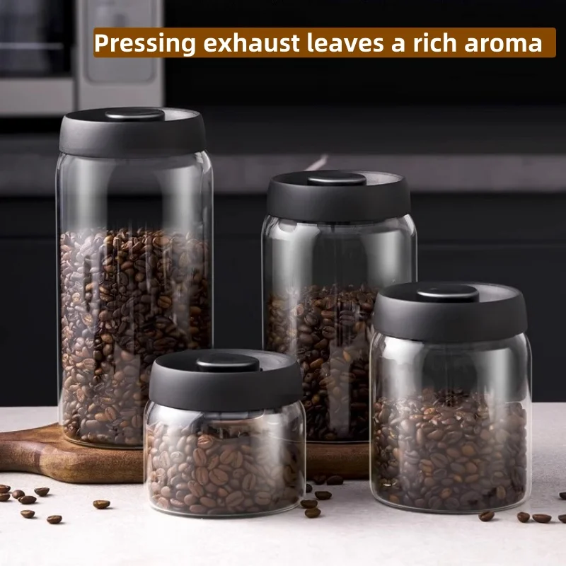 Pot à café multi-capacités avec couvercle noir, pot de stockage manuel sous vide anti-humidité, théière en verre pour cuisine, pot hermétique pour grains de café