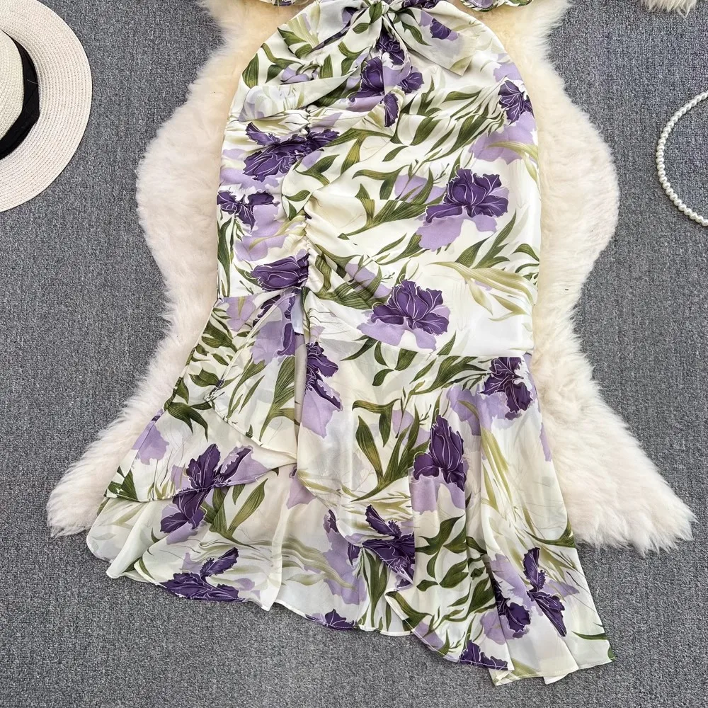 Alta qualidade frança verão roxo vestido de flor do vintage feminino babados chiffon floral impressão rendas até magro férias midi vestidos