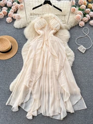 Irregular Beach Dress Women Summer Sexy V-neck Chiffon Dresses Ladies Elegant Ruffles Backless Slim Elegant Party Dress Vestidos