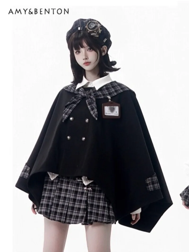 

College Style Sweet Cool Girl Woolen Cape Outfits Plaid Patchwork Navy Collar Shawl Long Sleeve Shirt Mini Skirt Autumn Winter