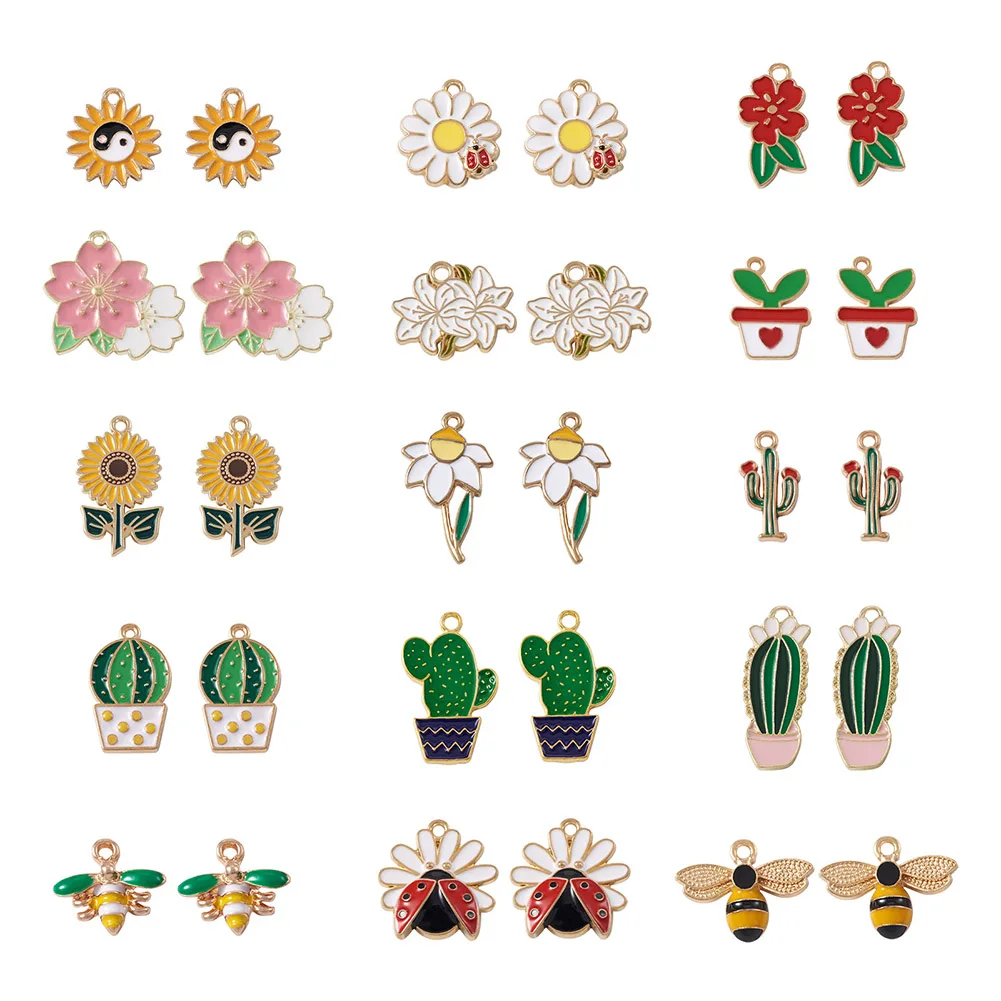 

60Pcs Mix Styles Enamel Charms Cartoon Cactus Sunflower Bee Potting with Heart Ladybird Pendants Fit for DIY Earring Bracelet