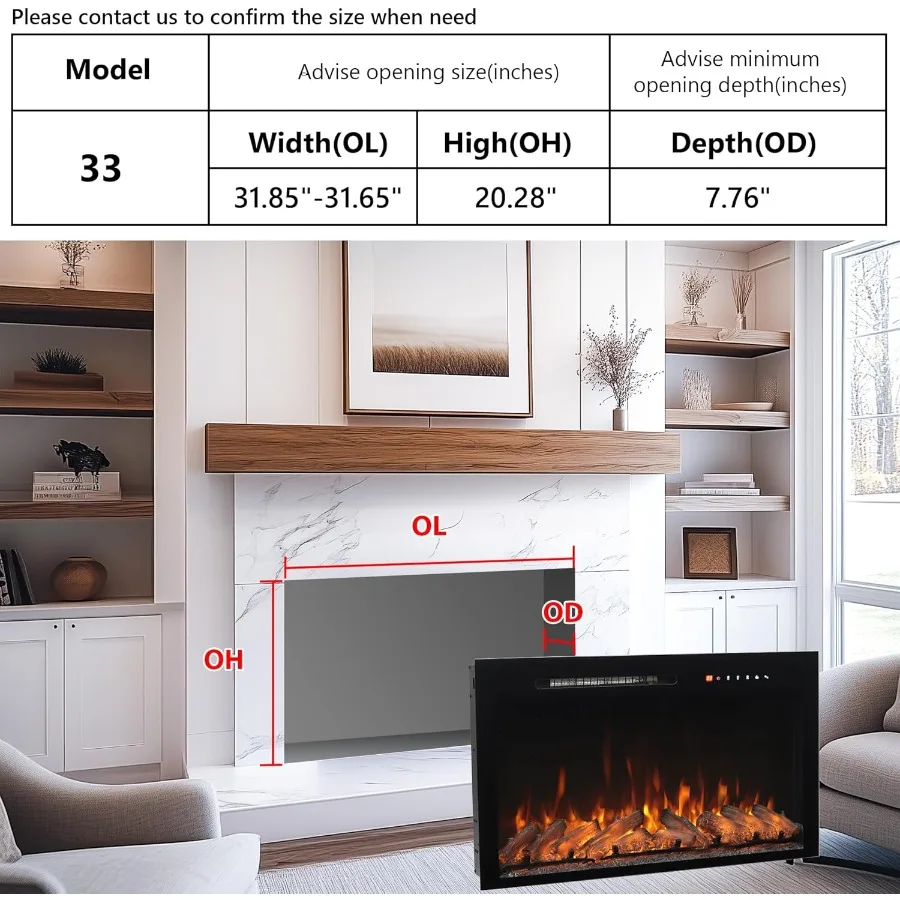 33 in Electric Fireplace Inserts Wall Mounted and Recessed Fireplace Heater with Remote Control Featuring 8 Flame Colors Adjust