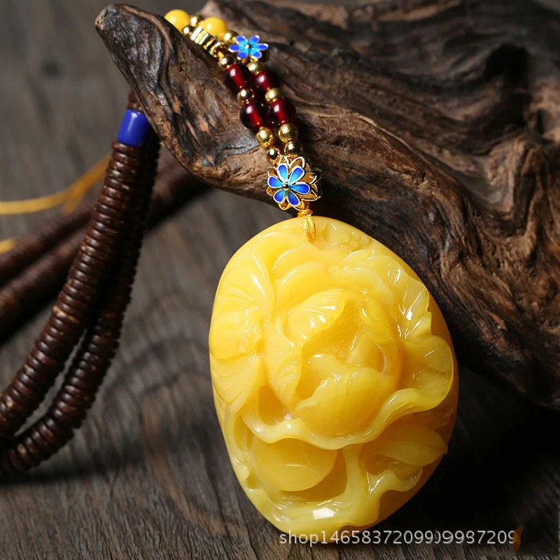 Baltic Old Beeswax Pendant Yellow Chicken Grease Amber Pendant Peony Pendant Necklace Sweater Chain for Men and Women