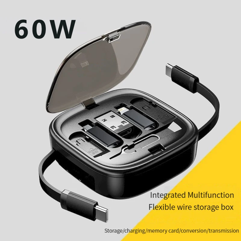 Mini Digital Gadgets Storage Box Multifunctional 6 in 1 Mobile Phone Data Cable 60W Fast Charging Cord Storage Case Phone Holder