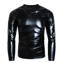 7XL Plus Size Mens Shiny Soft Leather Long Sleeve Shirts V-neck Design Stretch Tops Male Leather Vest T-shirt Adjustable Sexi