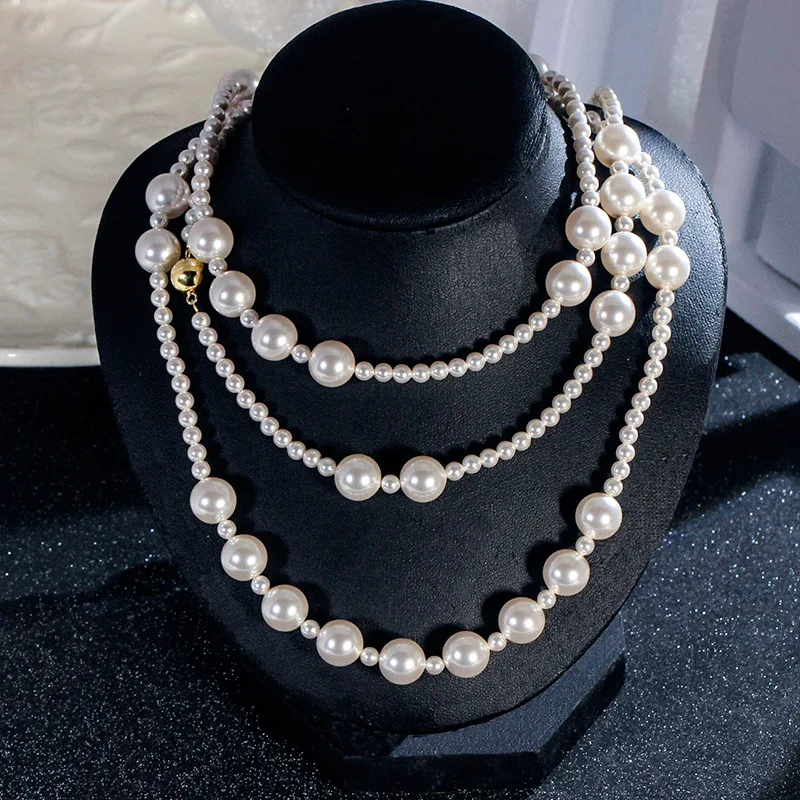 1.6m long Women Pearl necklaces with Silver buckle, tready shell made Pearl round beads chain, various way of wearing jewelry