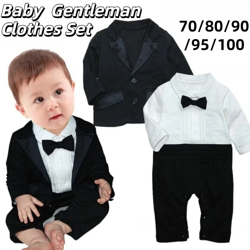 2Pcs/Set Black Tuxedo Gentleman Boss Baby Clothes Two-Piece Outfit Striped Vest Toddler Romper Bodysuit Bow Tie Romper Bodysuit