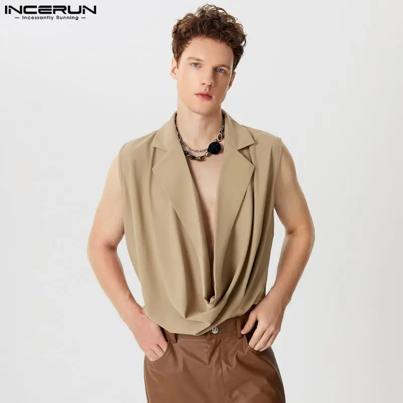 INCERUN Tops 2024 American Style Fashion New Men's Swing Collar Design Vests Male Casual Simple Solid Sleeveless Tank Tops S-5XL